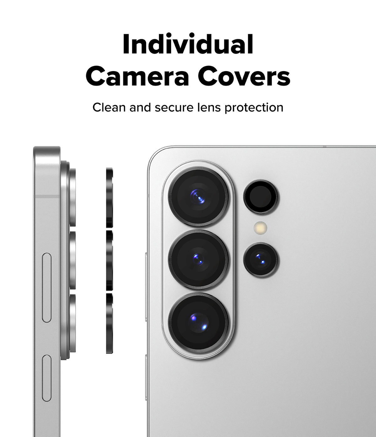 [Bundle] Galaxy S26 Ultra | Fusion Bold Magnetic - Galaxy S26 Ultra | Fusion Bold Magnetic - Individual camera lens covers shown aligning with a silver smartphone.