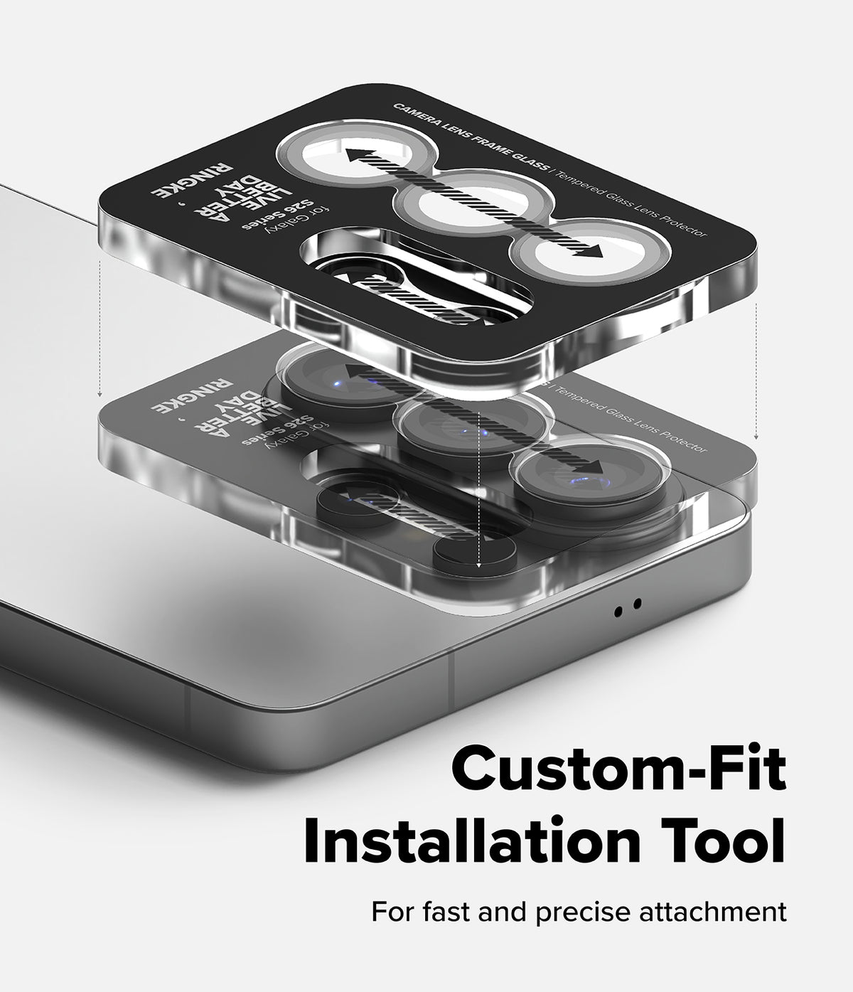 [Bundle] Galaxy S26 Ultra | Onyx - Installation tool aligning tempered glass lens protectors onto a smartphone camera array.