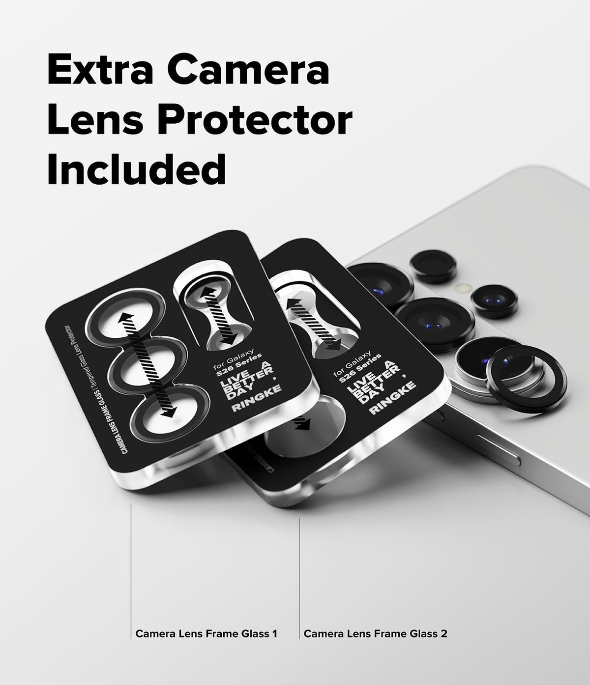 [Bundle] Galaxy S26 Ultra | Fusion Bold Magnetic - Galaxy S26 Ultra | Fusion Bold Magnetic - Two black camera lens protector frames next to a smartphone with lenses.
