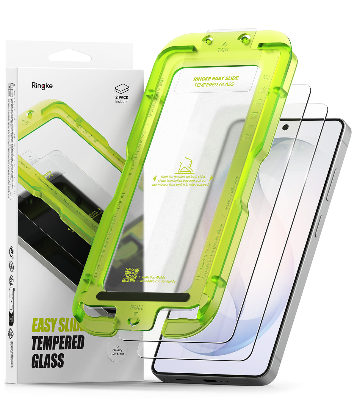 Galaxy S26 Plus Screen Protector | Easy Slide Tempered Glass - Galaxy S26 Plus Screen Protector - Easy Slide tempered glass installation kit with alignment tray and two screen guards.