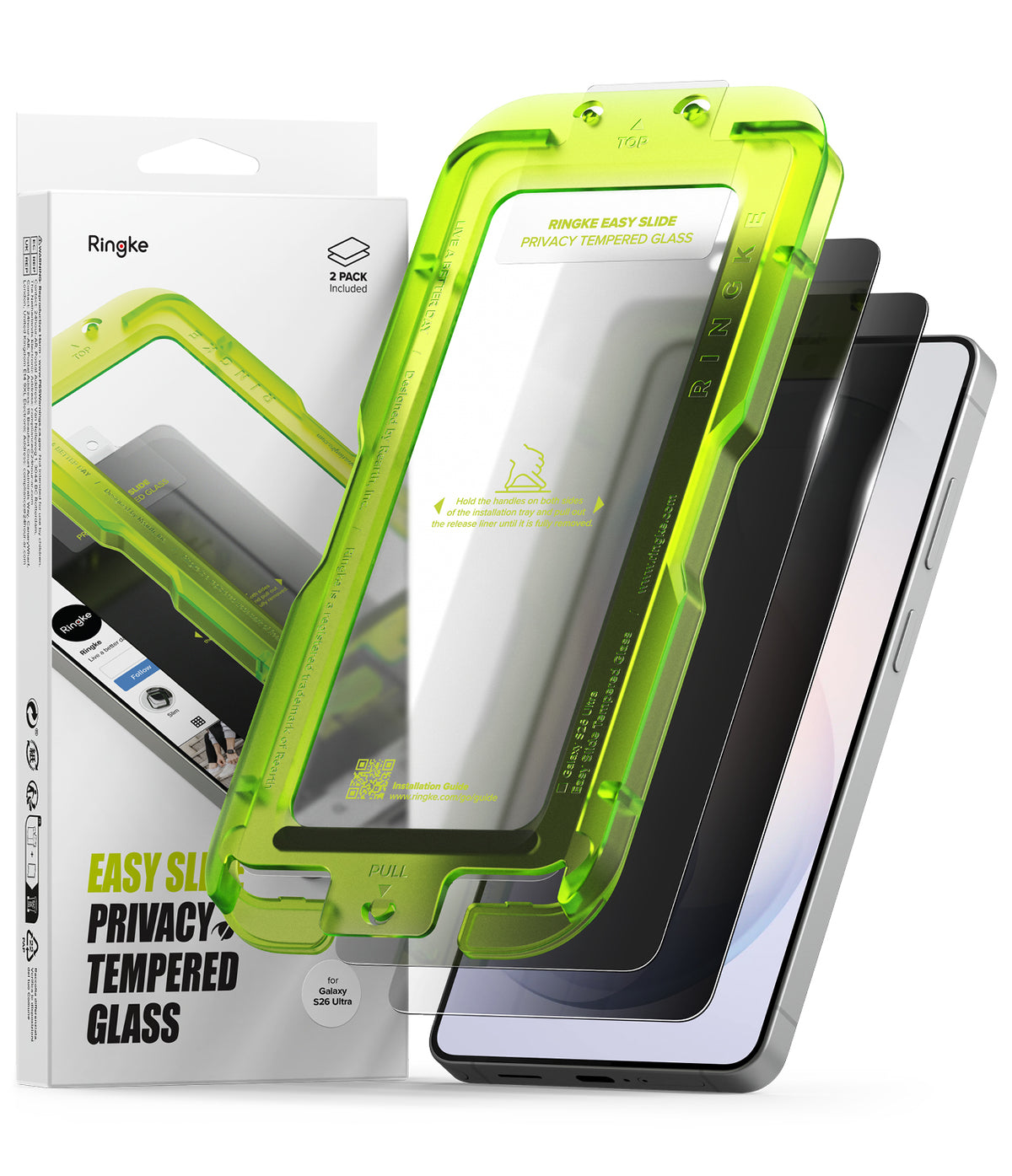 Galaxy S26 Ultra Screen Protector | Easy Slide Privacy Tempered Glass - Galaxy S26 Ultra Screen Protector - Neon green installation tray with privacy glass over a smartphone and product box.