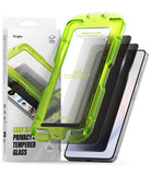 Galaxy S26 Ultra Screen Protector | Easy Slide Privacy Tempered Glass - Galaxy S26 Ultra Screen Protector - Neon green installation tray with privacy glass over a smartphone and product box.