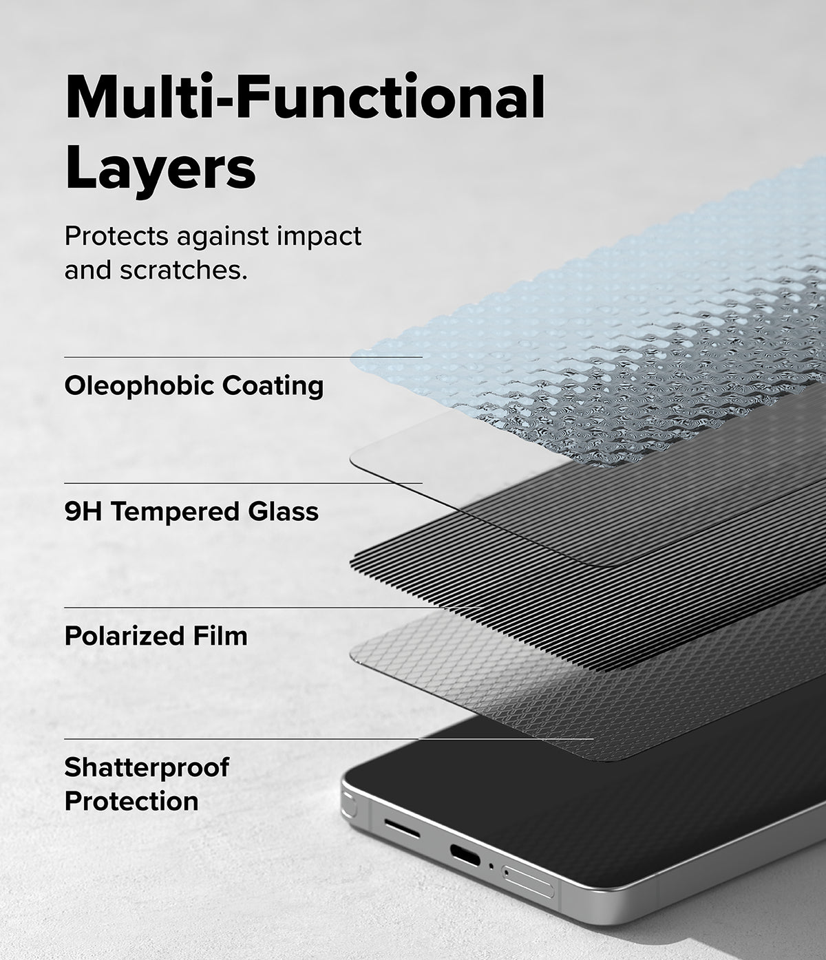Galaxy S26 Ultra Screen Protector | Easy Slide Privacy Tempered Glass - Galaxy S26 Ultra Screen Protector - Exploded view showing layers of oleophobic coating, tempered glass, and polarized film.