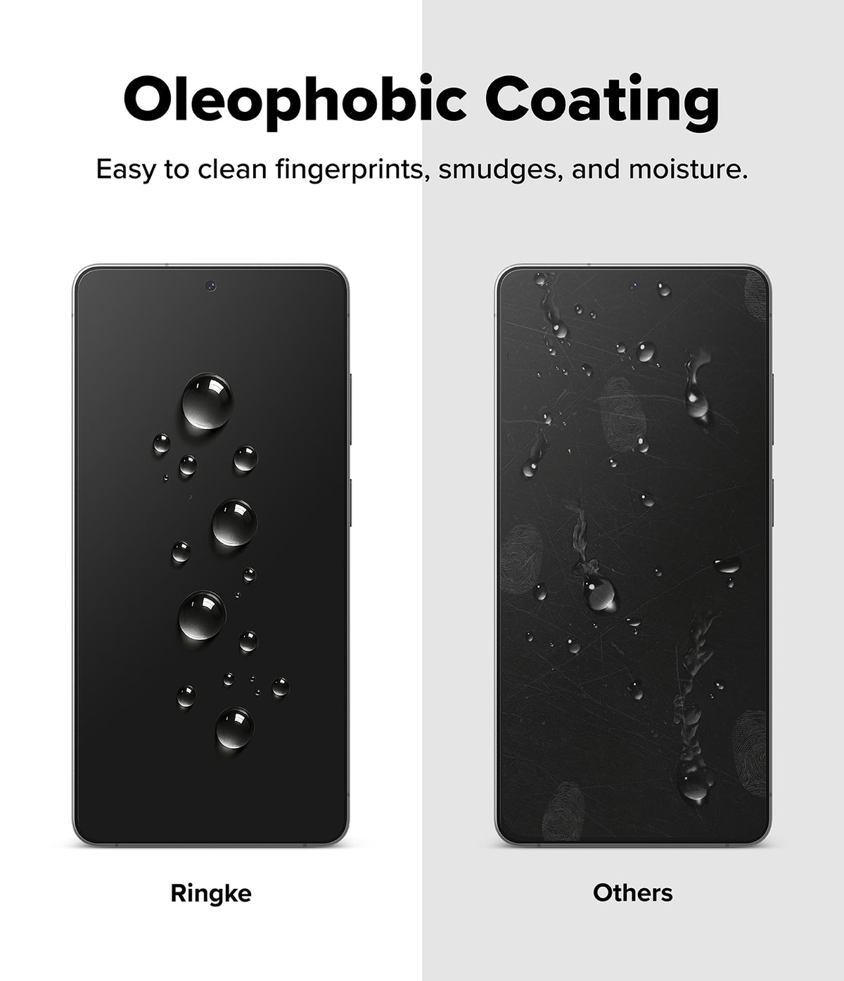 Galaxy S26 Ultra Screen Protector | Easy Slide Privacy Tempered Glass - Galaxy S26 Ultra Screen Protector - Comparison showing water beading on a clean Ringke screen versus smudges on others.