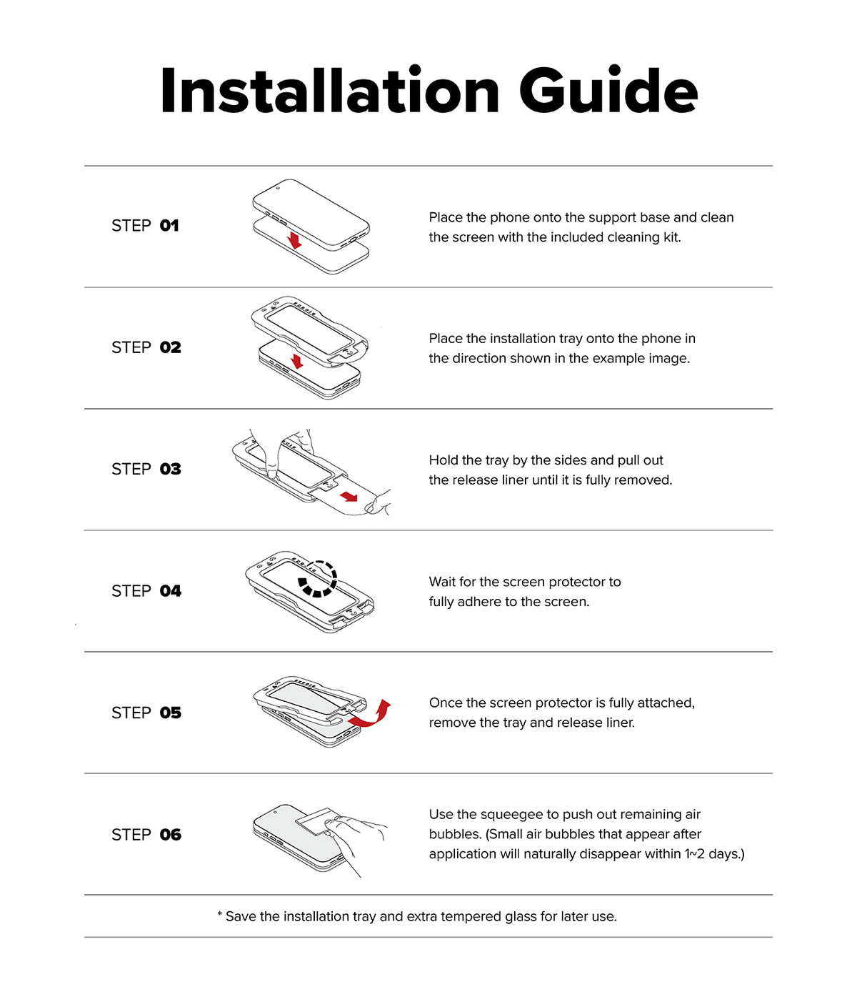 Galaxy S26 Ultra Screen Protector | Easy Slide Privacy Tempered Glass - Galaxy S26 Ultra Screen Protector - Six-step illustrated guide showing how to install a screen protector using a tray.