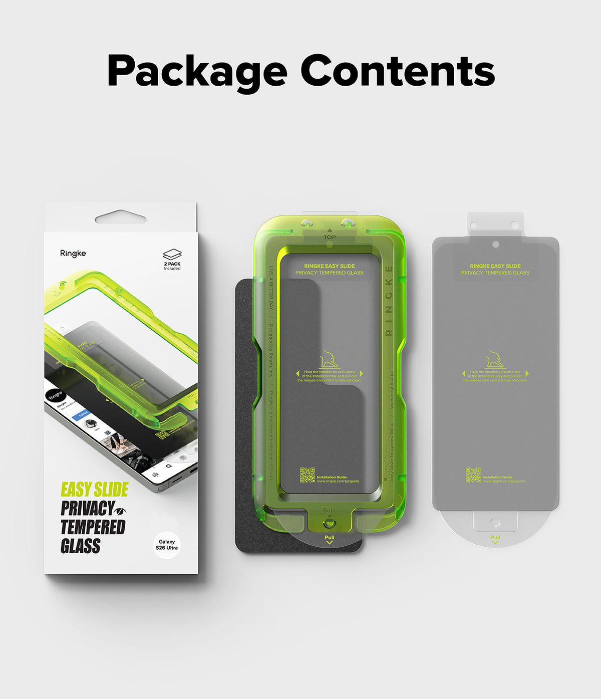 Galaxy S26 Ultra Screen Protector | Easy Slide Privacy Tempered Glass - Galaxy S26 Ultra Screen Protector - Packaging, green installation tray with privacy glass, and a spare screen protector.