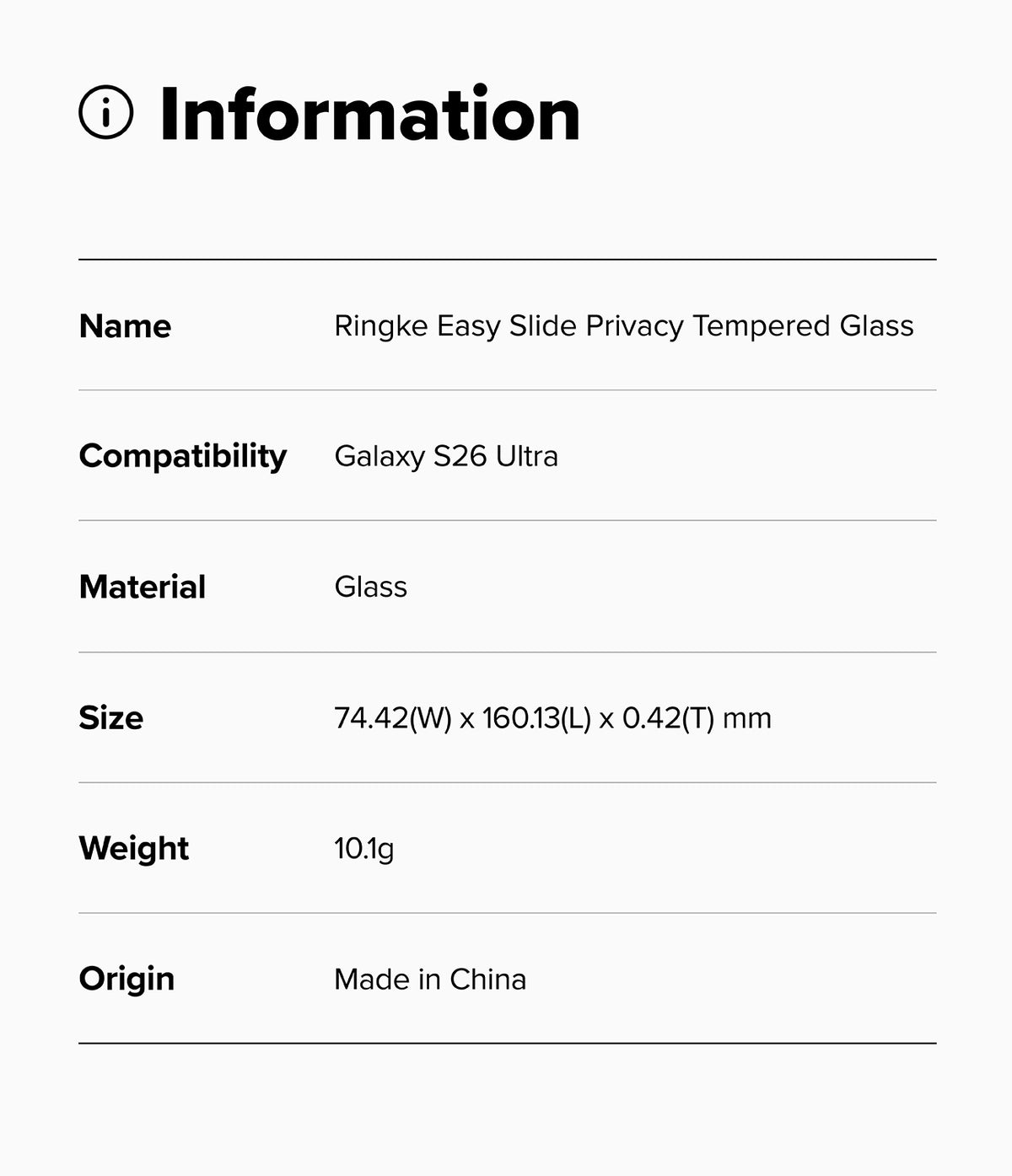 Galaxy S26 Ultra Screen Protector | Easy Slide Privacy Tempered Glass - Galaxy S26 Ultra Screen Protector - Information table listing product name, compatibility, material, size, weight, and origin.