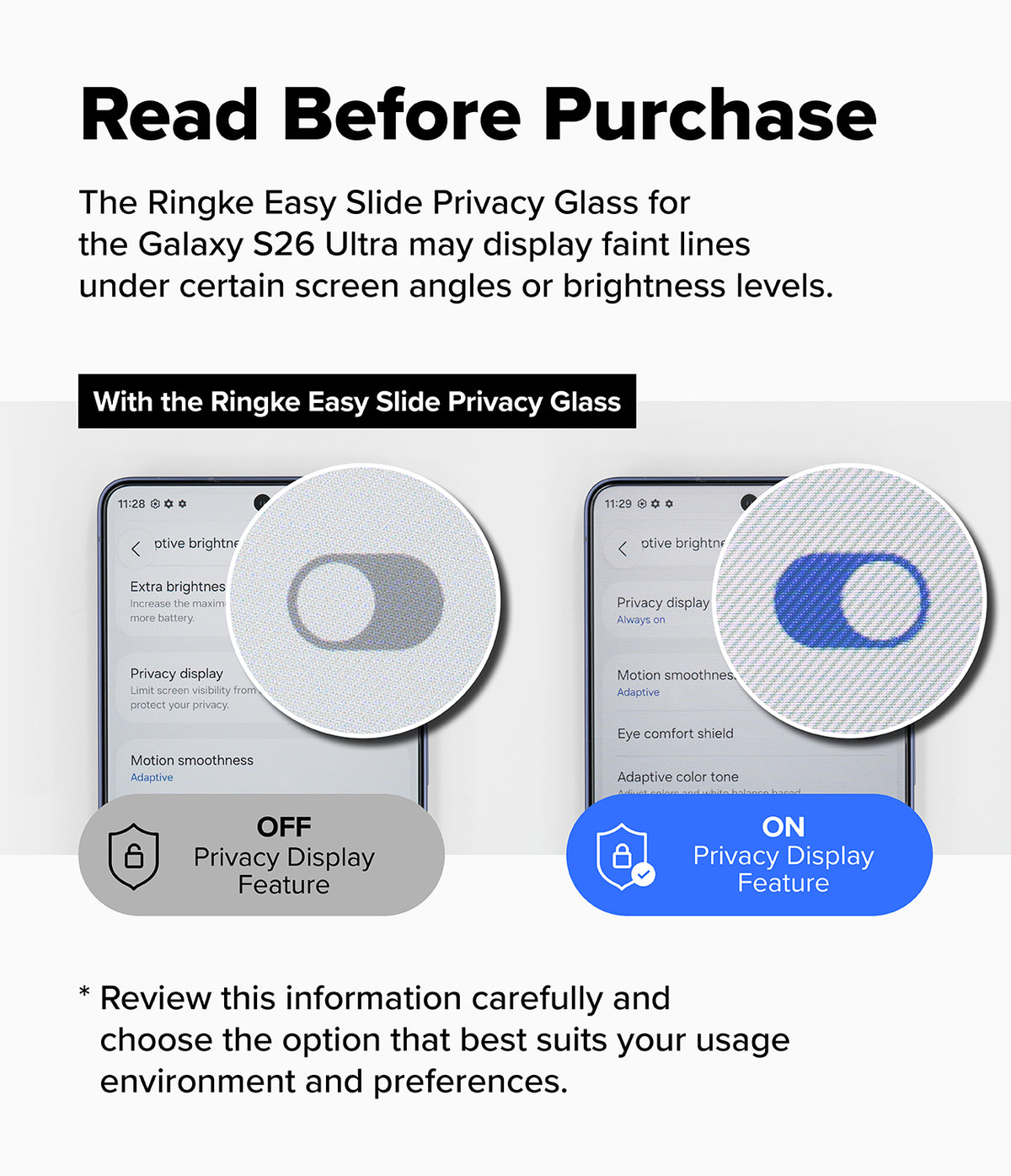 [Bundle] Galaxy S26 Ultra | Fusion-X Magnetic - Galaxy S26 Ultra | Fusion-X Magnetic - Comparison of Galaxy S26 Ultra privacy display settings showing on and off modes.