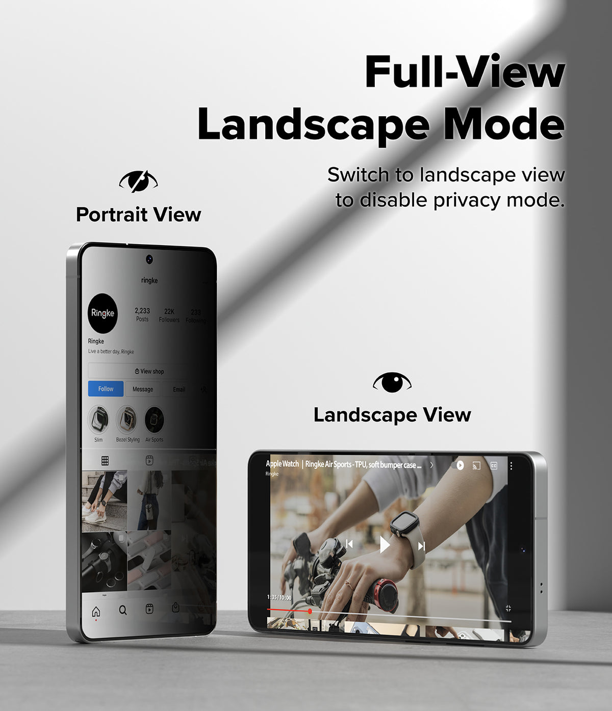 Galaxy S26 Ultra Screen Protector | Easy Slide Privacy Tempered Glass - Galaxy S26 Ultra Screen Protector - Phone in portrait mode with privacy filter versus landscape mode with clear view.