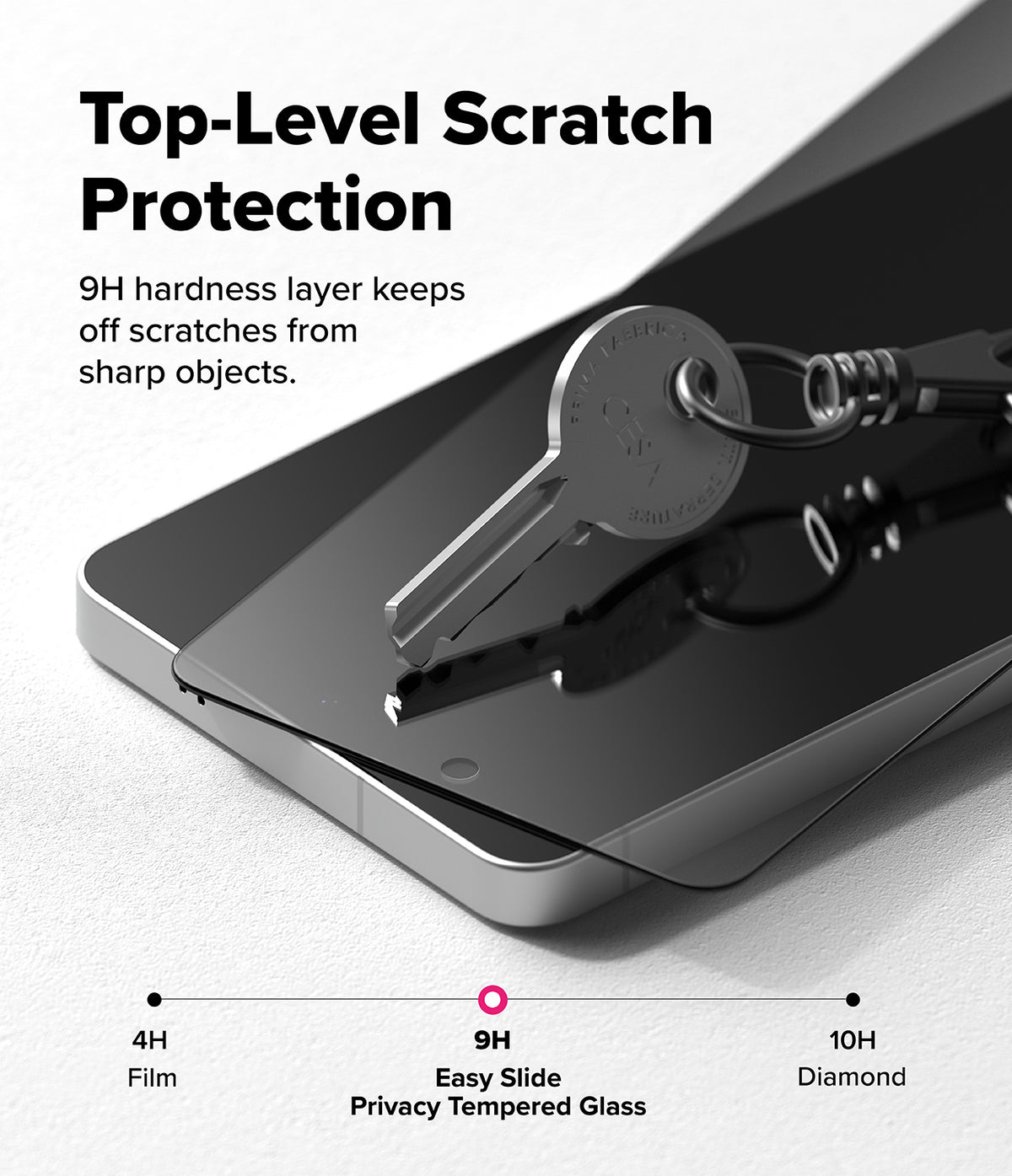 Galaxy S26 Ultra Screen Protector | Easy Slide Privacy Tempered Glass - Galaxy S26 Ultra Screen Protector - A metal key rests on a smartphone screen protector, demonstrating 9H scratch resistance.