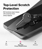 Galaxy S26 Ultra Screen Protector | Easy Slide Privacy Tempered Glass - Galaxy S26 Ultra Screen Protector - A metal key rests on a smartphone screen protector, demonstrating 9H scratch resistance.