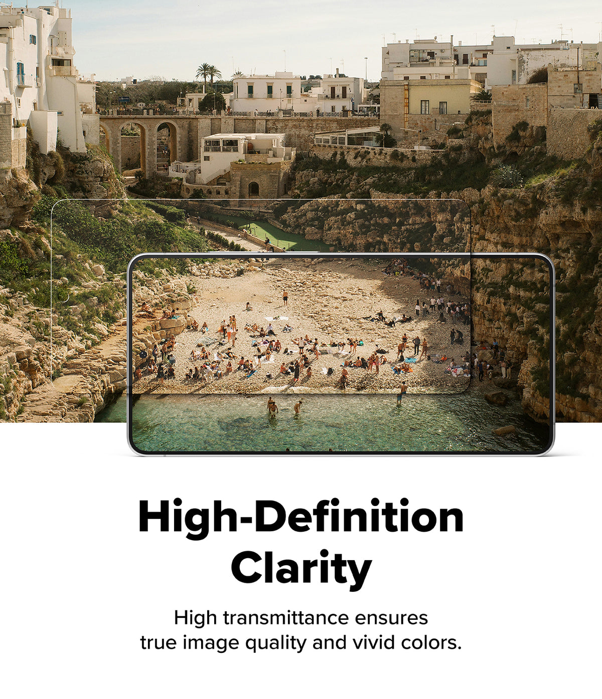 Galaxy S26 Ultra Screen Protector | Easy Slide Privacy Tempered Glass - Galaxy S26 Ultra Screen Protector - A smartphone screen showing a clear, vibrant beach scene overlaid on a coastal landscape.