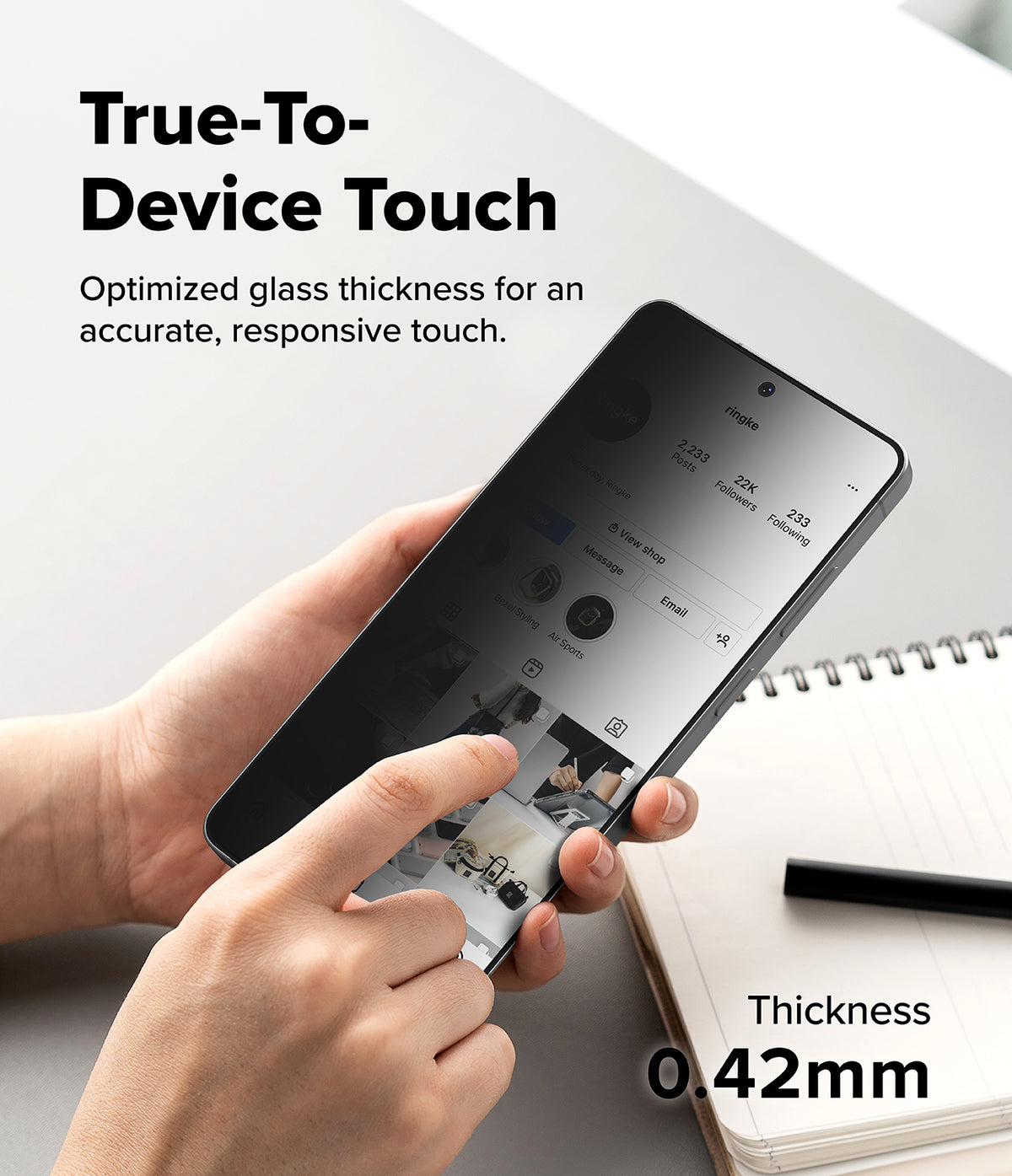Galaxy S26 Ultra Screen Protector | Easy Slide Privacy Tempered Glass - Galaxy S26 Ultra Screen Protector - Hand holding phone with privacy glass, showing 0.42mm thickness and responsive touch.