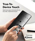Galaxy S26 Ultra Screen Protector | Easy Slide Privacy Tempered Glass - Galaxy S26 Ultra Screen Protector - Hand holding phone with privacy glass, showing 0.42mm thickness and responsive touch.