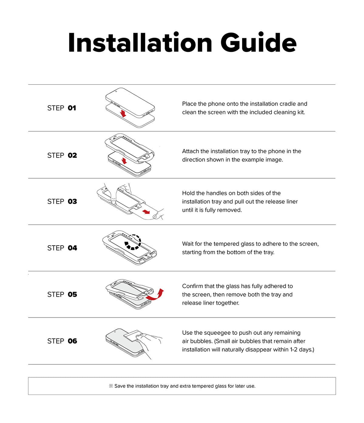 Galaxy S26 Ultra Screen Protector | Easy Slide Tempered Glass - Galaxy S26 Ultra Screen Protector - Six-step illustrated guide showing how to install tempered glass using an alignment tray.