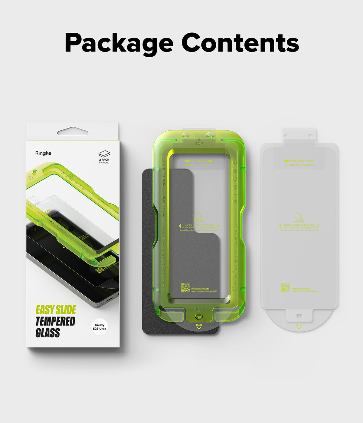 Galaxy S26 Ultra Screen Protector | Easy Slide Tempered Glass - Packaging, green installation tray, and screen film.