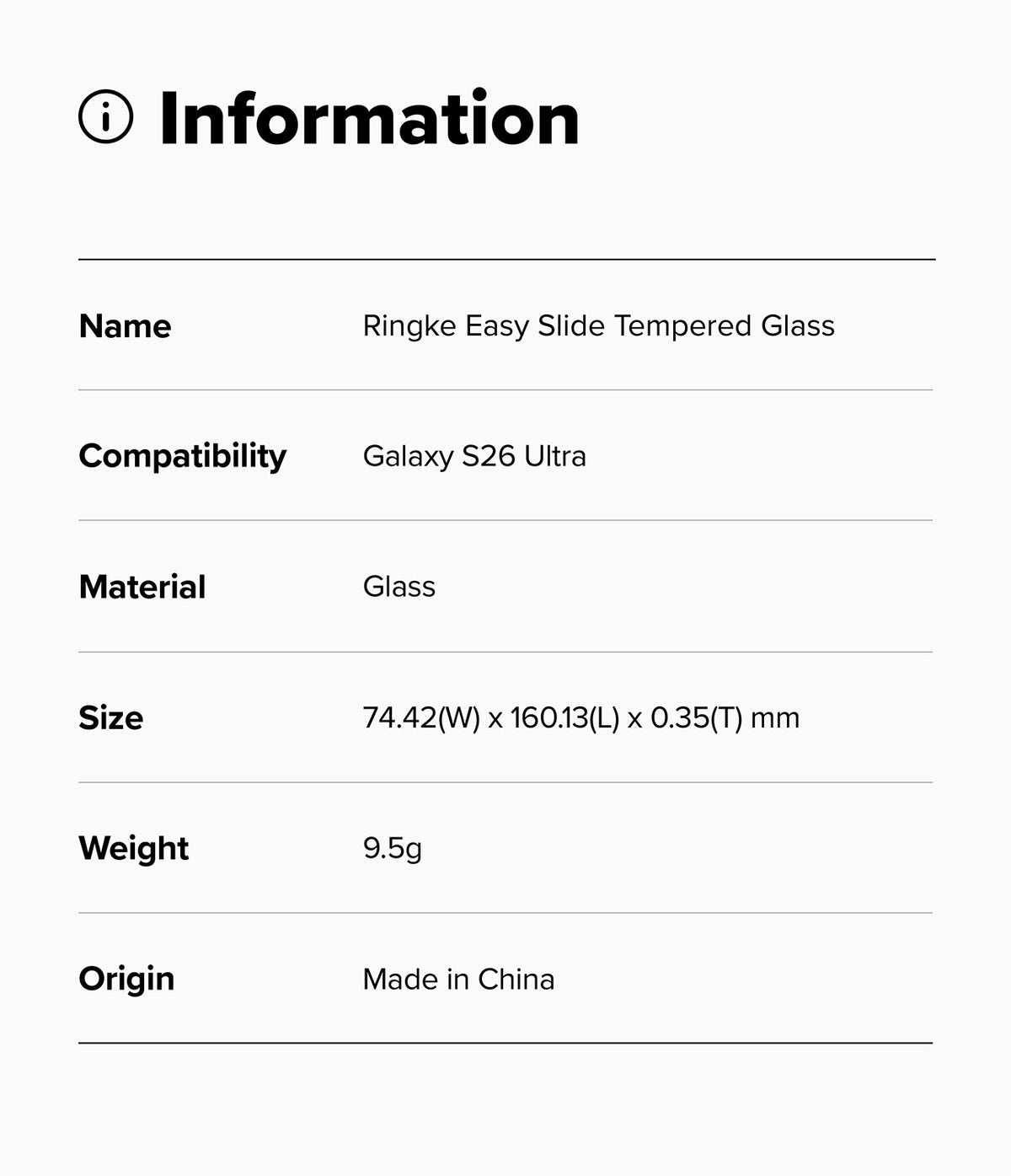 Galaxy S26 Ultra Screen Protector | Easy Slide Tempered Glass - Galaxy S26 Ultra Screen Protector - Information table listing product name, compatibility, material, size, weight, and origin.