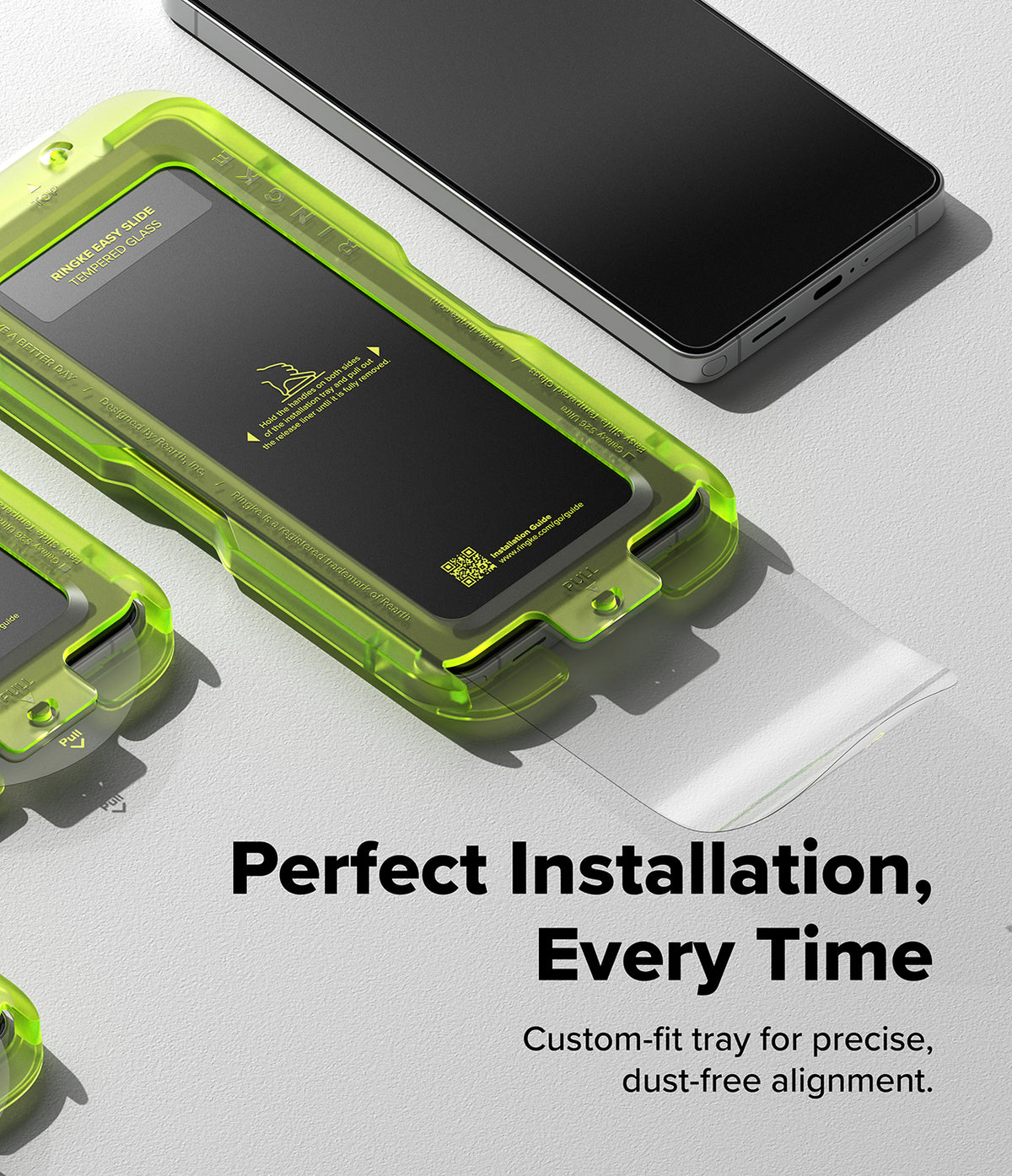 [Bundle] Galaxy S26 Ultra | Onyx Magnetic - Galaxy S26 Ultra | Onyx Magnetic - A neon green installation tray for a screen protector on a Galaxy S26 Ultra smartphone.