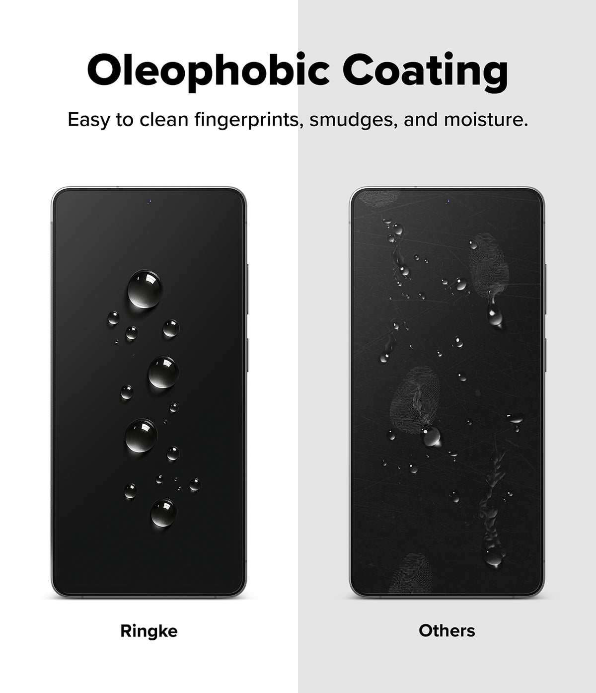 Galaxy S26 Ultra Screen Protector | Easy Slide Tempered Glass - Galaxy S26 Ultra Screen Protector - Comparison showing water beading on Ringke glass versus smudges on standard glass.