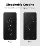 Galaxy S26 Ultra Screen Protector | Easy Slide Tempered Glass - Galaxy S26 Ultra Screen Protector - Comparison showing water beading on Ringke glass versus smudges on standard glass.