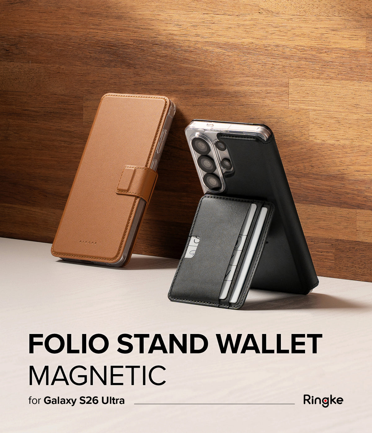 Galaxy S26 Ultra Cover | Folio Stand Wallet Magnetic - Tan folio case and black magnetic card wallet on a phone.