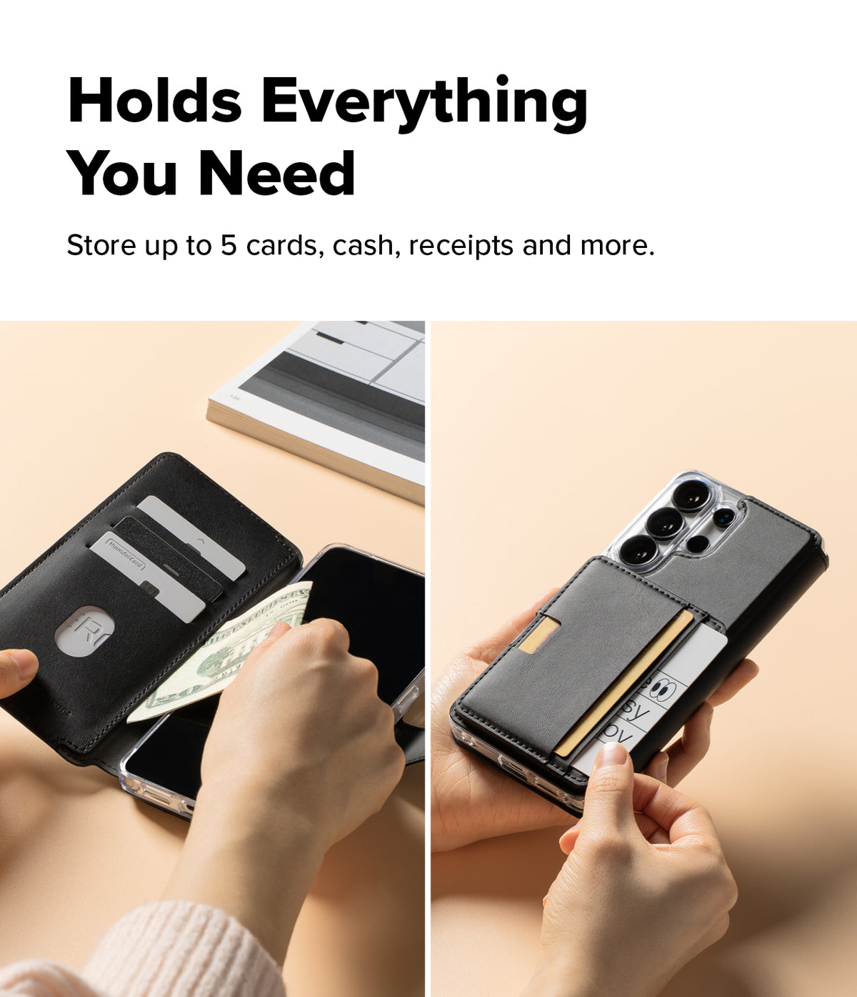 Galaxy S26 Ultra Cover | Folio Stand Wallet Magnetic - Galaxy S26 Ultra Cover - Black folio wallet case holding multiple credit cards and cash in integrated slots.