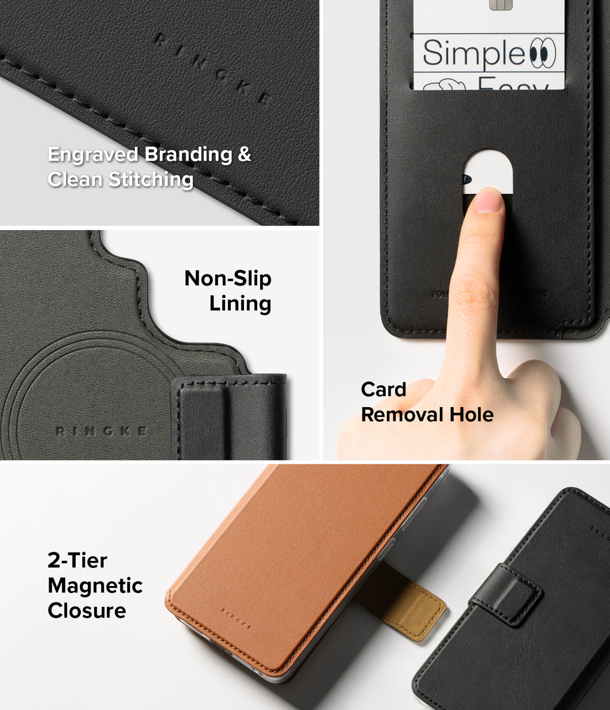 Galaxy S26 Ultra Cover | Folio Stand Wallet Magnetic - Galaxy S26 Ultra Cover - Features showing engraved branding, card slot, non-slip lining, and 2-tier magnetic closure.