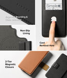Galaxy S26 Ultra Cover | Folio Stand Wallet Magnetic - Galaxy S26 Ultra Cover - Features showing engraved branding, card slot, non-slip lining, and 2-tier magnetic closure.