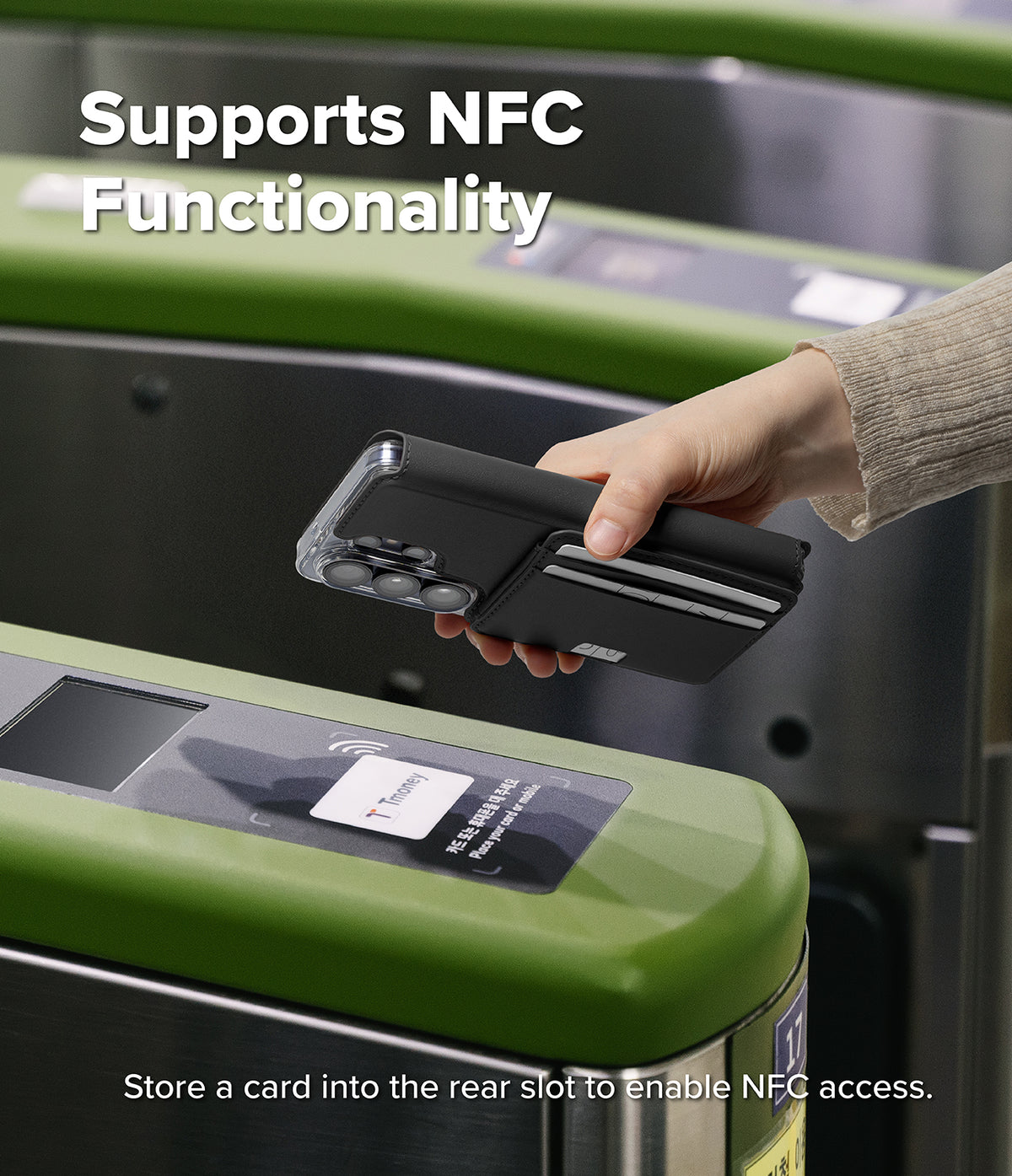 Galaxy S26 Ultra Cover | Folio Stand Wallet Magnetic - Galaxy S26 Ultra Cover - Hand holding a black wallet phone case over a subway turnstile to use NFC payment functionality.