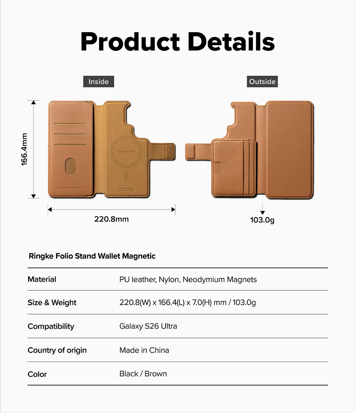 Galaxy S26 Ultra Cover | Folio Stand Wallet Magnetic - Galaxy S26 Ultra Cover - Technical diagram showing dimensions, weight, and features of a brown magnetic folio wallet case.