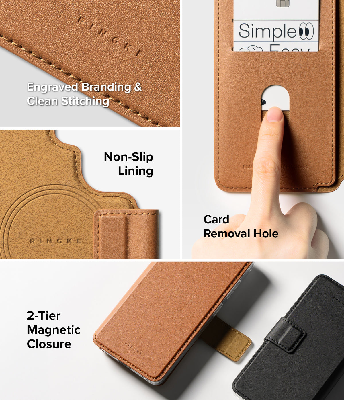 Galaxy S26 Ultra Cover | Folio Stand Wallet Magnetic - Galaxy S26 Ultra Cover - Brown leather wallet case showing stitching, card slot, non-slip lining, and magnetic closure.