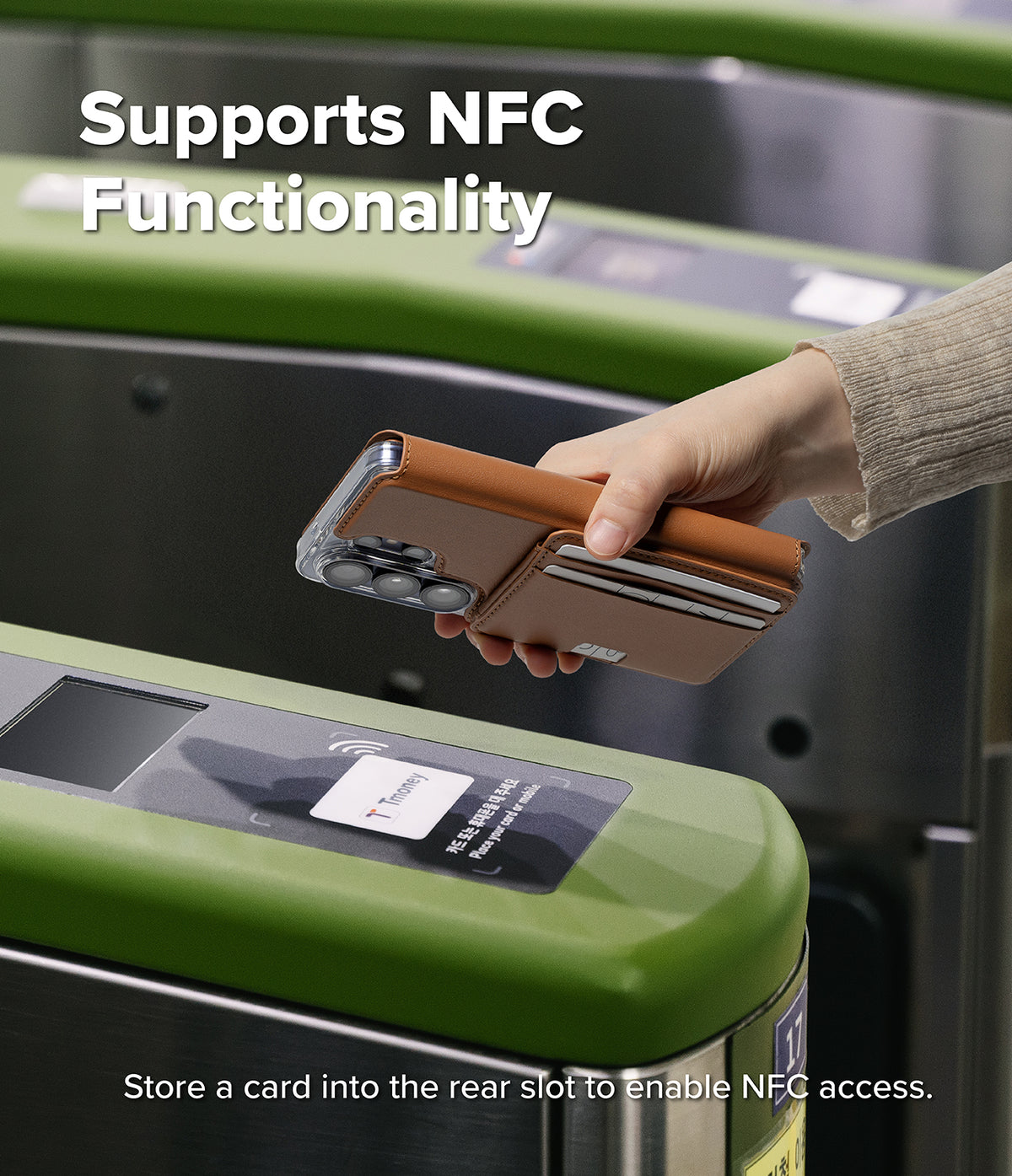 Galaxy S26 Ultra Cover | Folio Stand Wallet Magnetic - Galaxy S26 Ultra Cover - Hand holding a brown leather wallet phone case over a subway turnstile for NFC payment.
