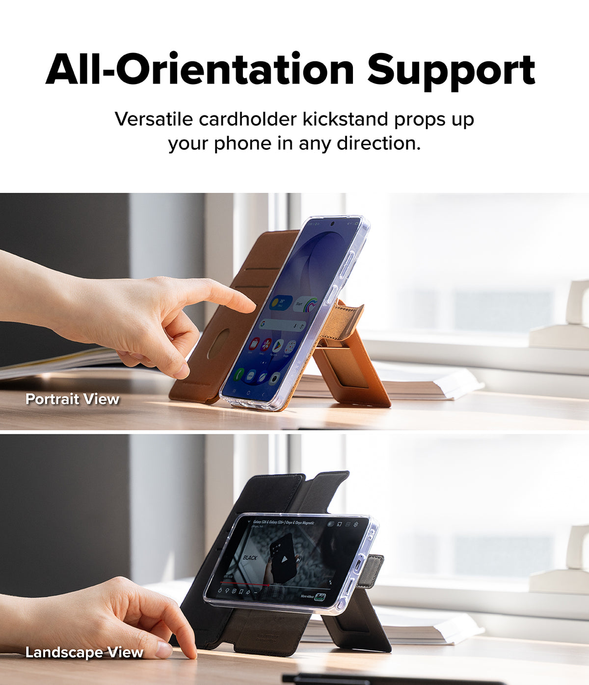 Galaxy S26 Ultra Cover | Folio Stand Wallet Magnetic - Galaxy S26 Ultra Cover - A phone in a folio wallet case propped up in both portrait and landscape modes on a desk.