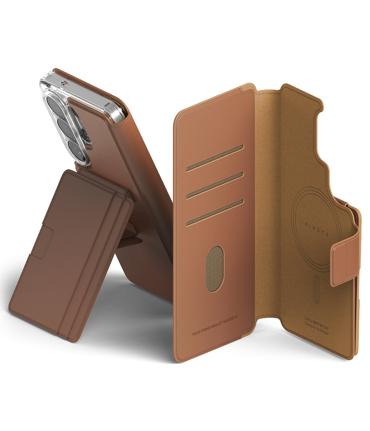 Galaxy S26 Ultra Cover | Folio Stand Wallet Magnetic - Brown leather folio case with card slots and magnetic stand.