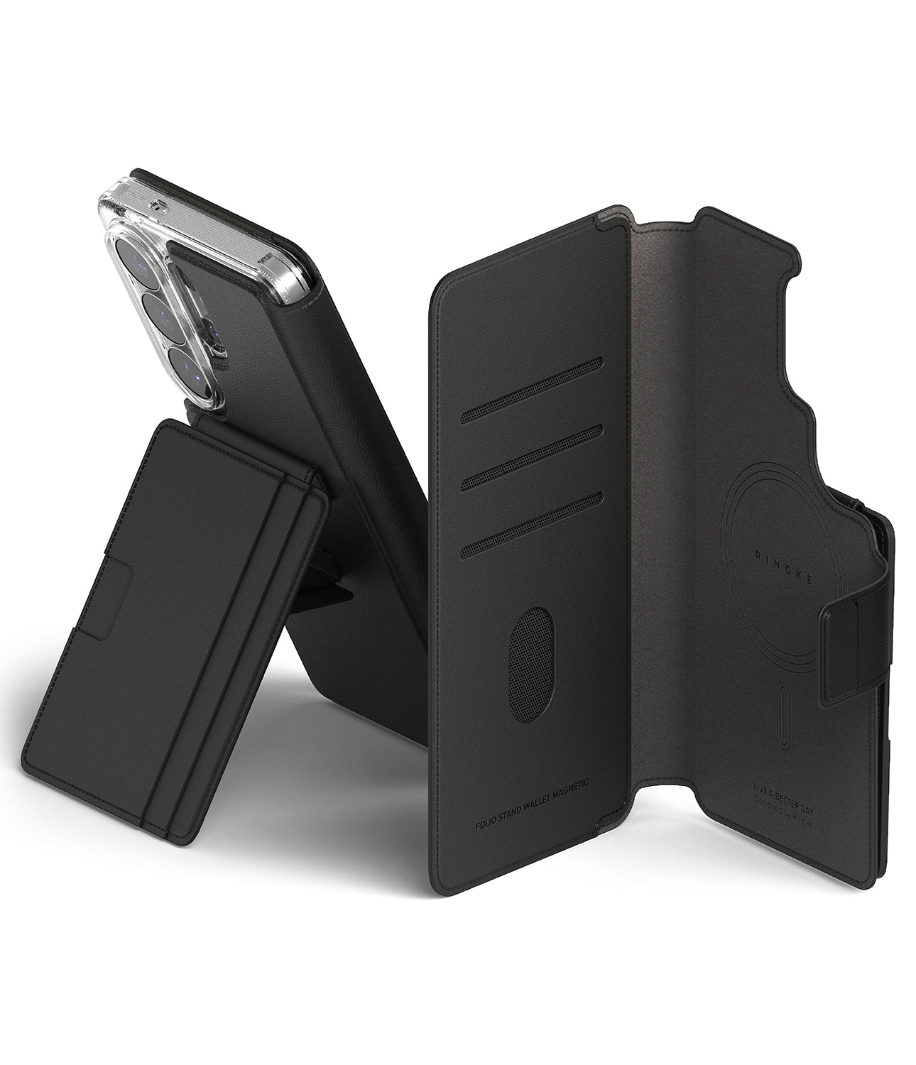 Galaxy S26 Plus Cover | Folio Stand Wallet Magnetic - Galaxy S26 Plus Cover - Black magnetic folio wallet case with card slots, stand function, and phone mounted inside.