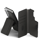 Galaxy S26 Plus Cover | Folio Stand Wallet Magnetic - Galaxy S26 Plus Cover - Black magnetic folio wallet case with card slots, stand function, and phone mounted inside.