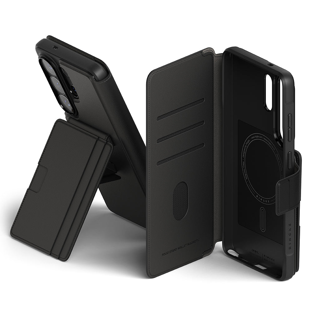 [Combo] Galaxy S26 Ultra | Folio Stand Wallet Magnetic + Onyx Magnetic - Black magnetic wallet case and phone cover.