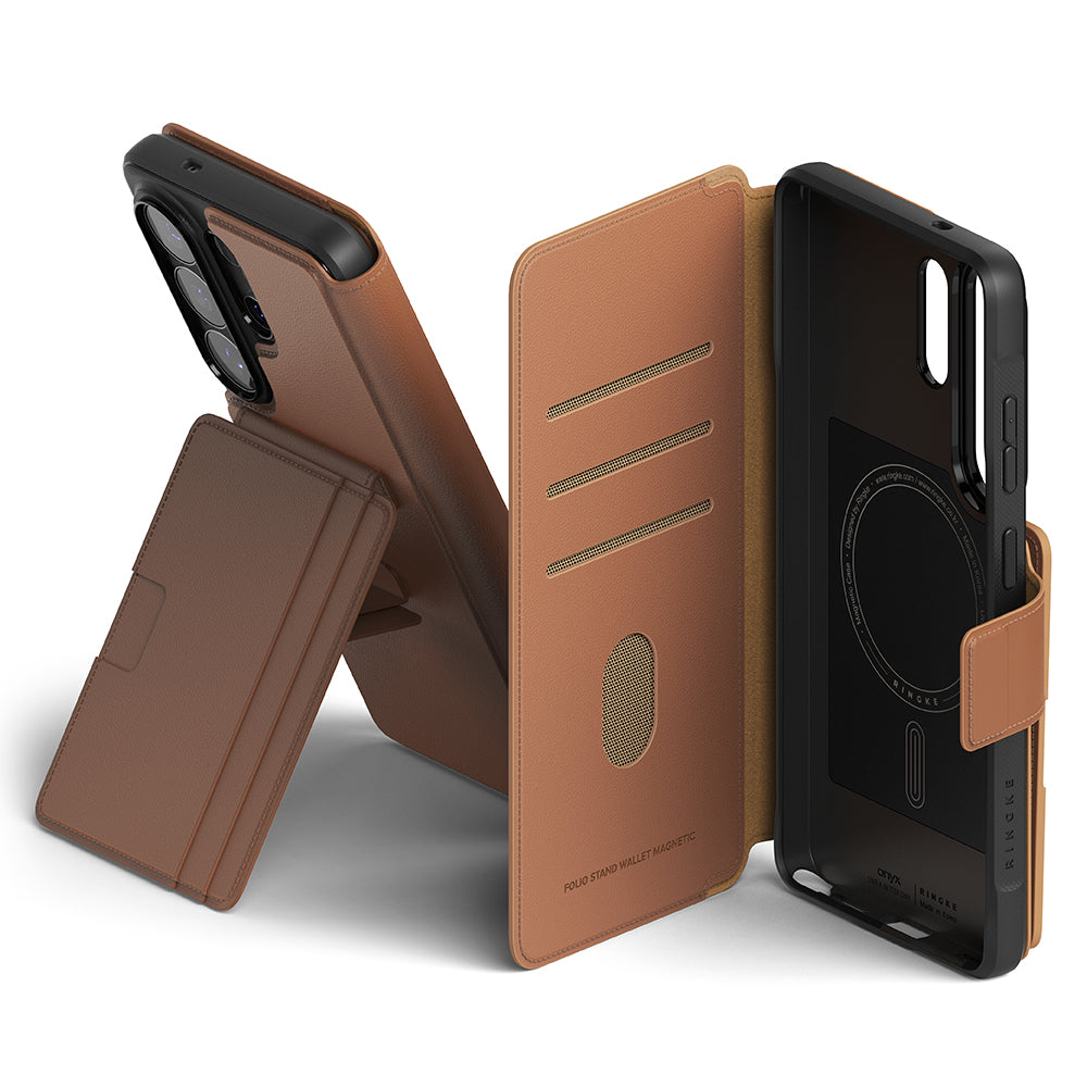 [Combo] Galaxy S26 Ultra | Folio Stand Wallet Magnetic + Onyx Magnetic - Brown leather folio case with card slots and stand.
