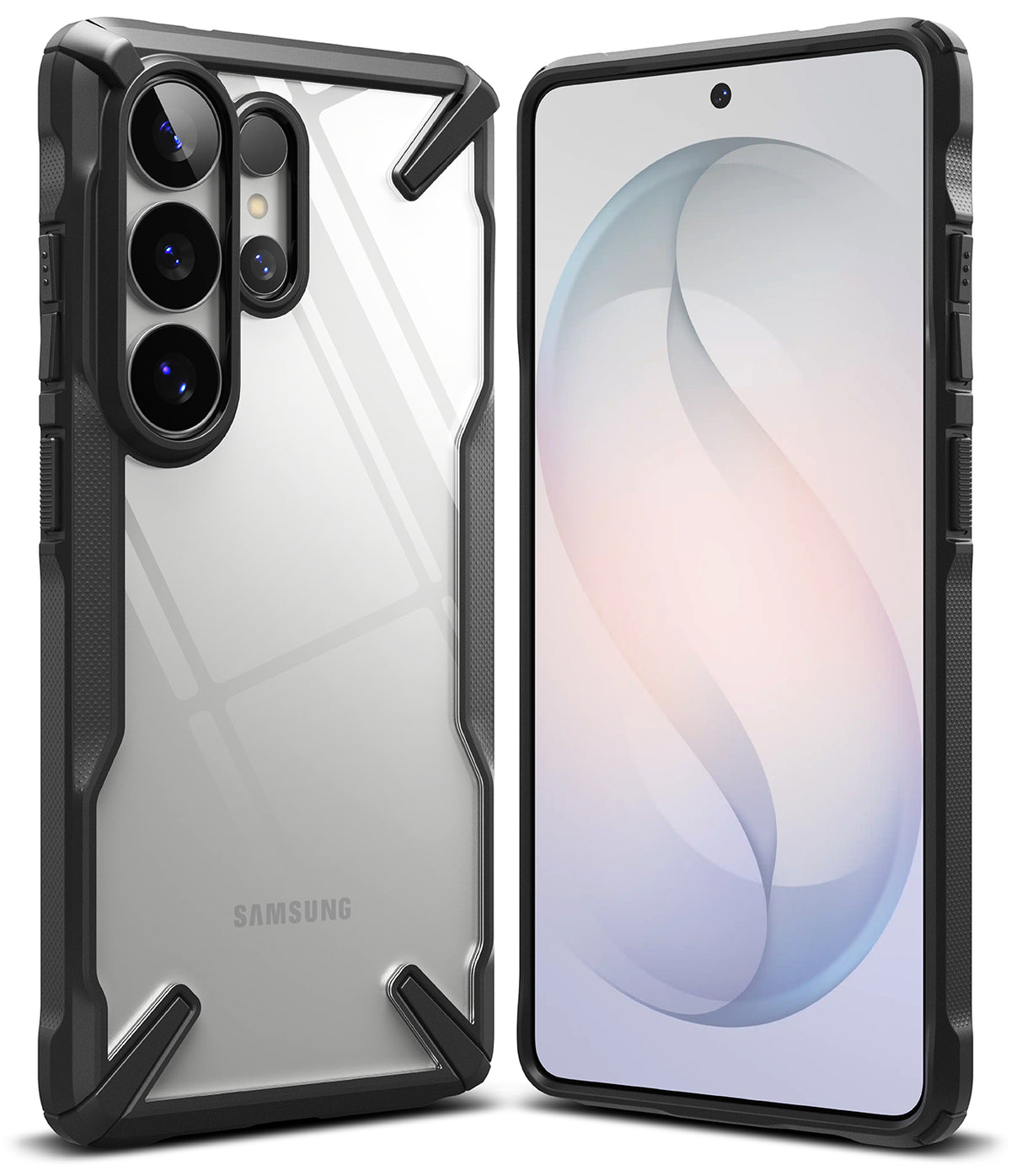Galaxy S26 Ultra Case | Fusion-X - Black rugged protective case with clear back shown from front and rear angles.