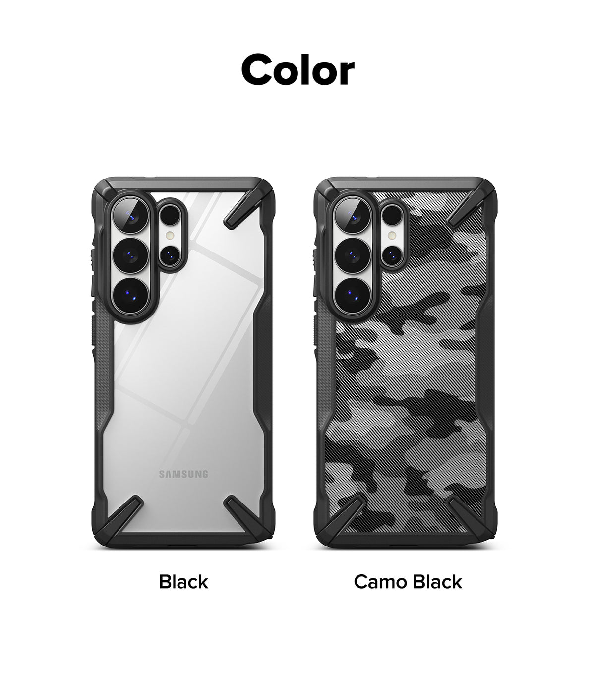 Galaxy S26 Ultra Case | Fusion-X - Two Fusion-X cases for Galaxy S26 Ultra in clear black and camo black color options.