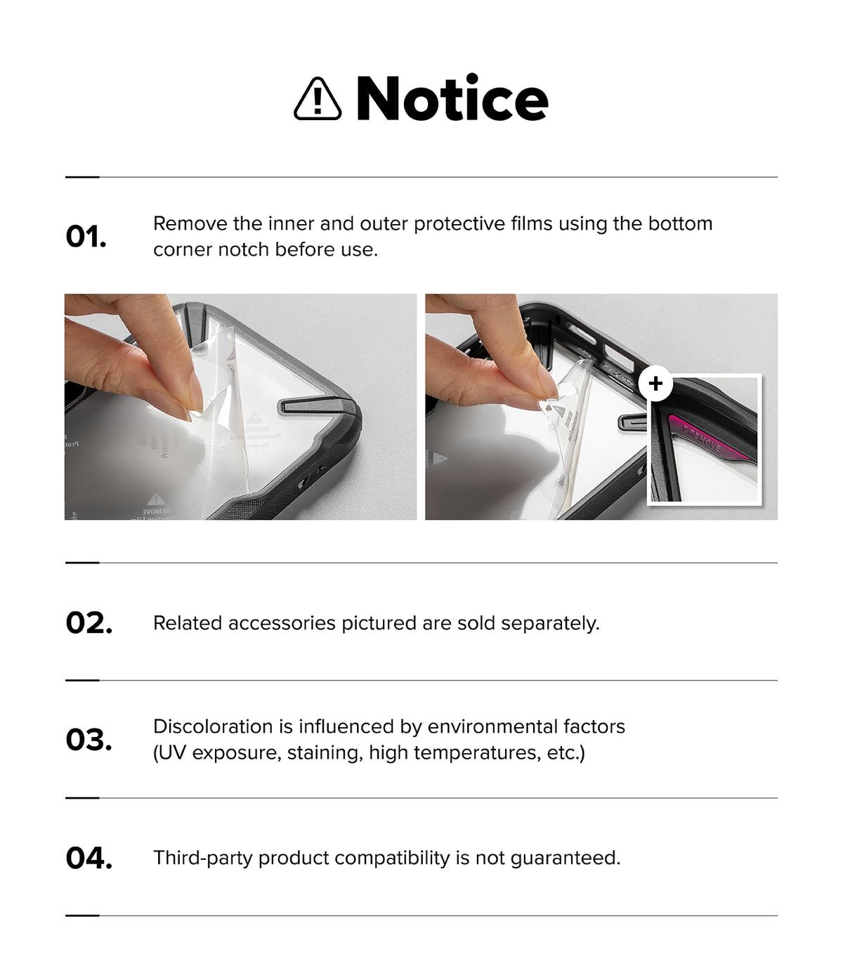 Galaxy S26 Ultra Case | Fusion-X - Instructions showing hands peeling protective film from the phone case interior.