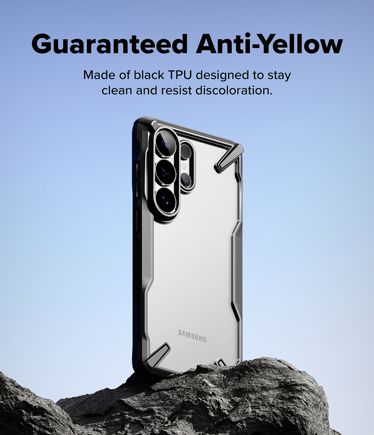 Galaxy S26 Ultra Case | Fusion-X - Black Fusion-X case on a Galaxy S26 Ultra resting on a rock against a blue sky.