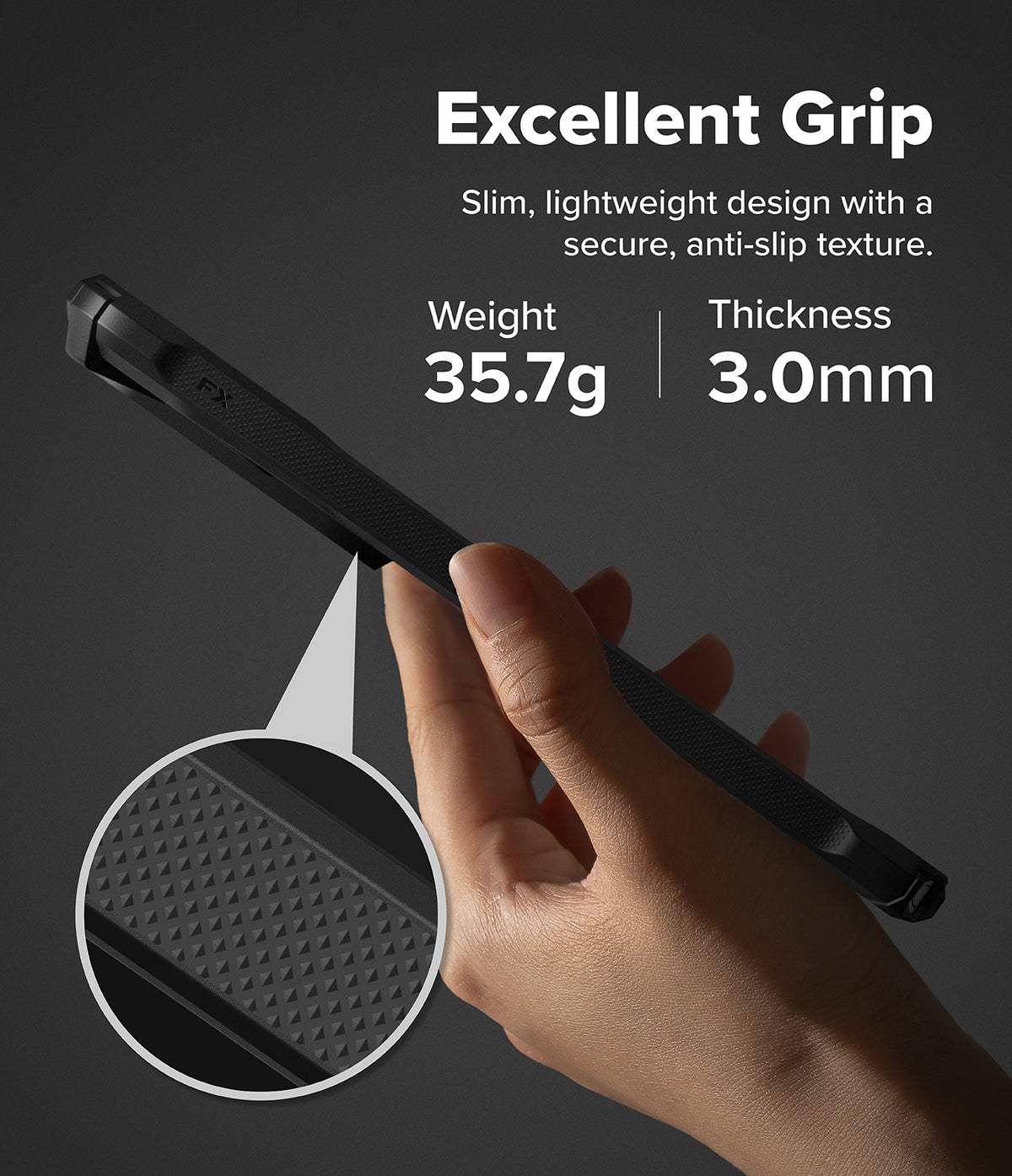Galaxy S26 Ultra Case | Fusion-X - Hand holding a slim black phone case with a textured anti-slip grip and 35.7g weight.