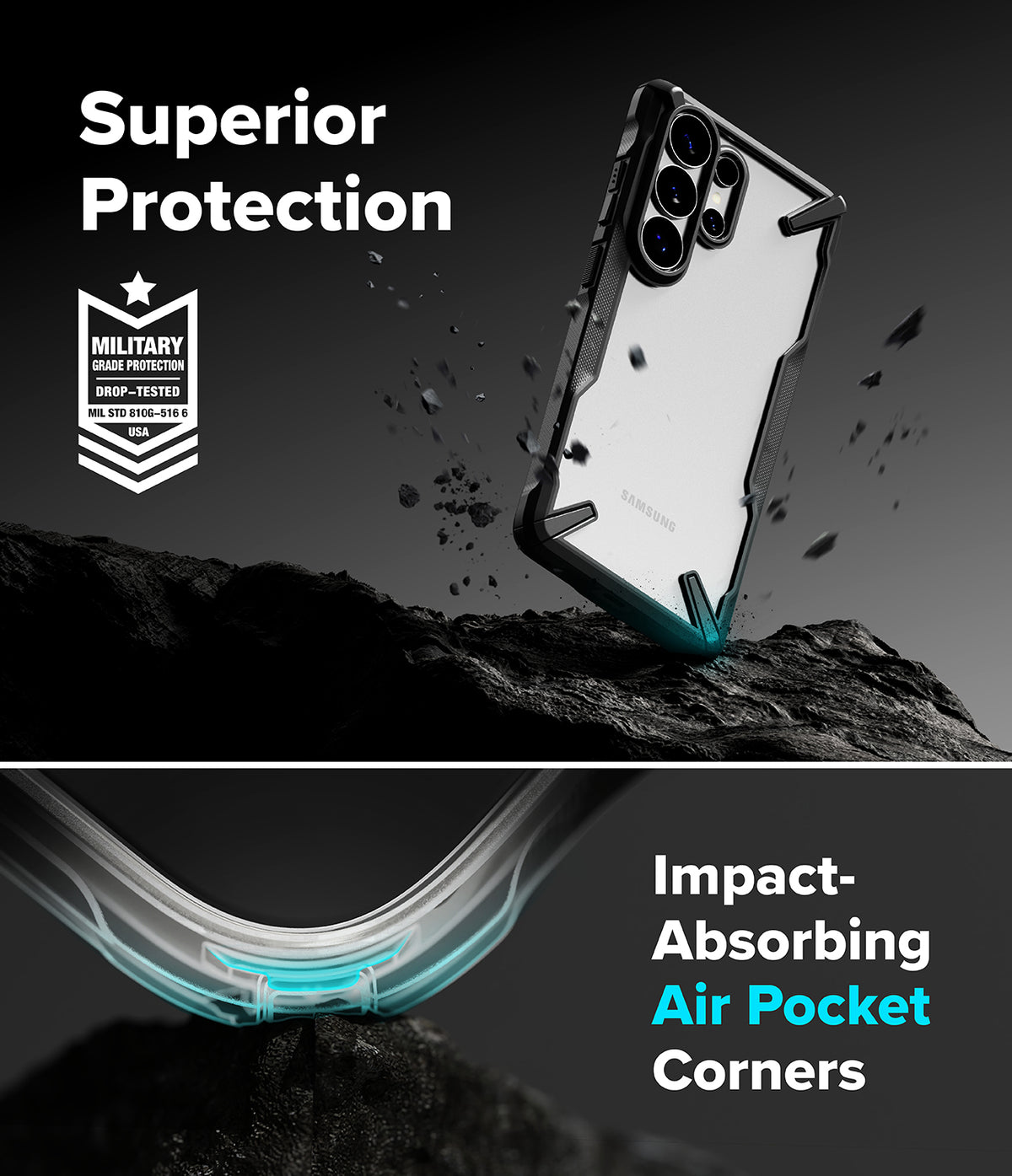 Galaxy S26 Ultra Case | Fusion-X - Phone case with military-grade protection and air-pocket corners on a rocky surface.