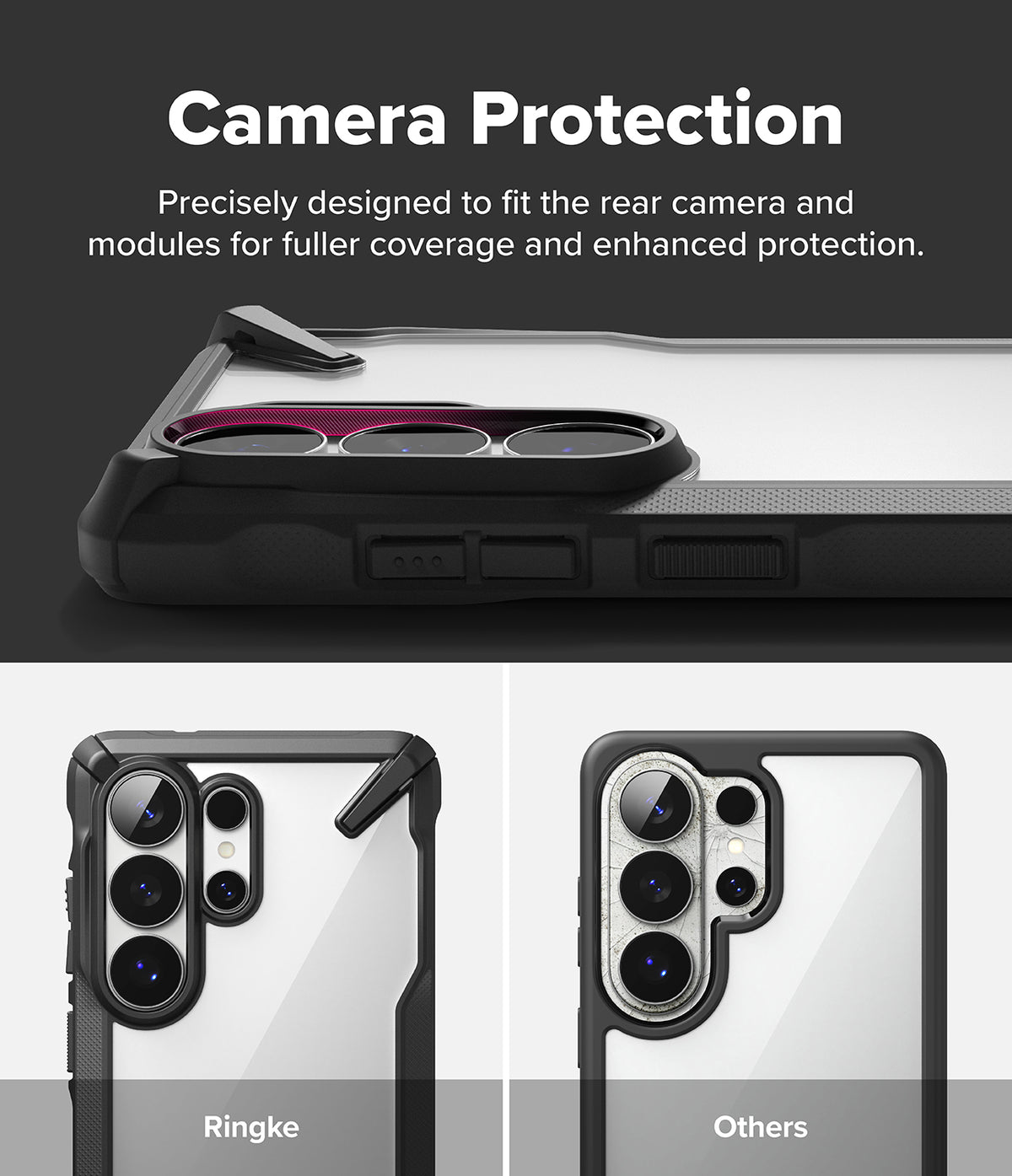 Galaxy S26 Ultra Case | Fusion-X - Comparison showing the Fusion-X case providing full camera module coverage versus others.