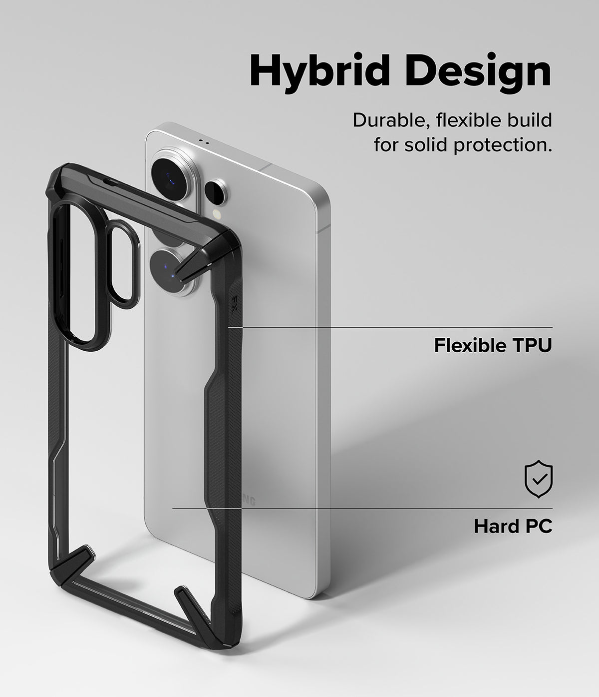Galaxy S26 Ultra Case | Fusion-X - Exploded view of a phone case showing flexible TPU edges and a hard PC back panel.
