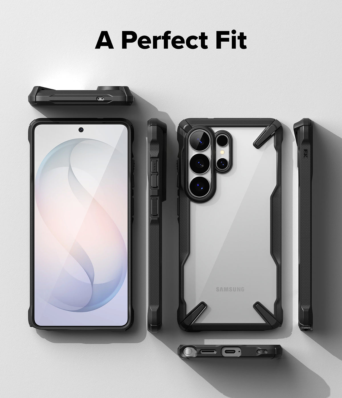 Galaxy S26 Ultra Case | Fusion-X - Exploded view of a black protective phone case showing front, back, and side profiles.