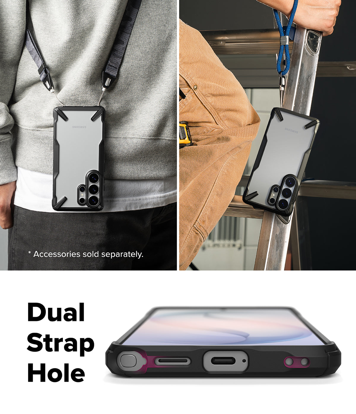 Galaxy S26 Ultra Case | Fusion-X - Phone case with dual strap holes shown worn on a lanyard and close-up of the bottom ports.