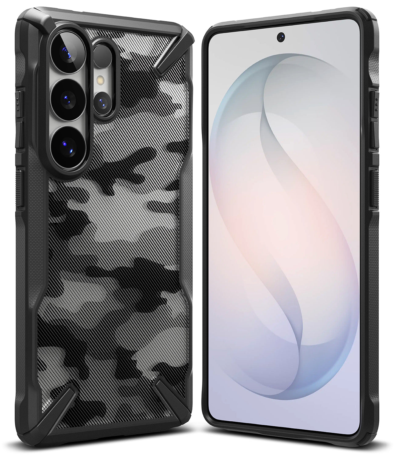 Galaxy S26 Ultra Case | Fusion-X - Rugged black phone case with a grey camouflage back panel shown from front and rear angles.