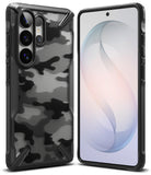 Galaxy S26 Ultra Case | Fusion-X - Rugged black phone case with a grey camouflage back panel shown from front and rear angles.